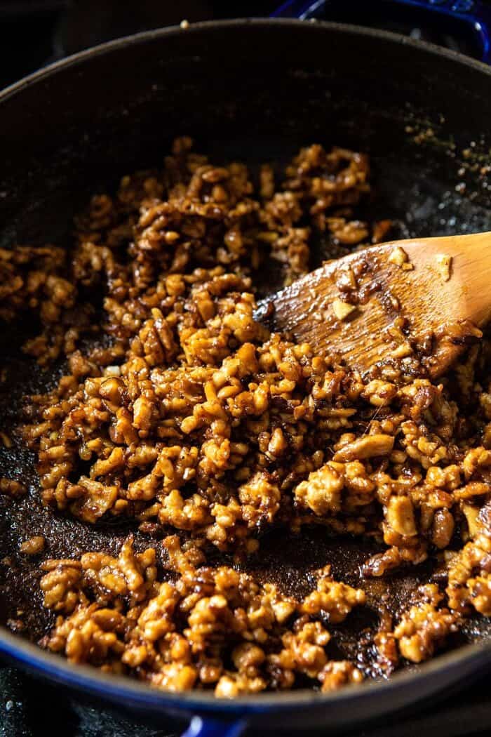 Better Than Takeout Dan Dan Noodles | halfbakedharvest.com #asian #takeout #easyrecipes #dinner photo of Better Than Takeout Dan Dan meat mixture in pan