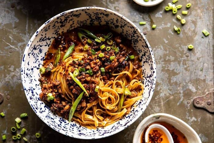 Better Than Takeout Dan Dan Noodles | halfbakedharvest.com #asian #takeout #easyrecipes #dinner horizontal overhead photo of Better Than Takeout Dan Dan Noodles