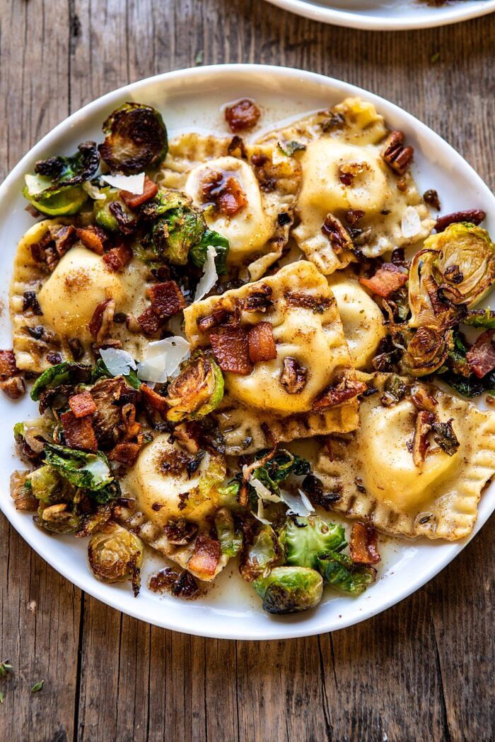 Brown Butter Brussels Sprout and Bacon Ravioli | halfbakedharvest.com #ravioli #pasta #easyrecipes #brusselssprouts