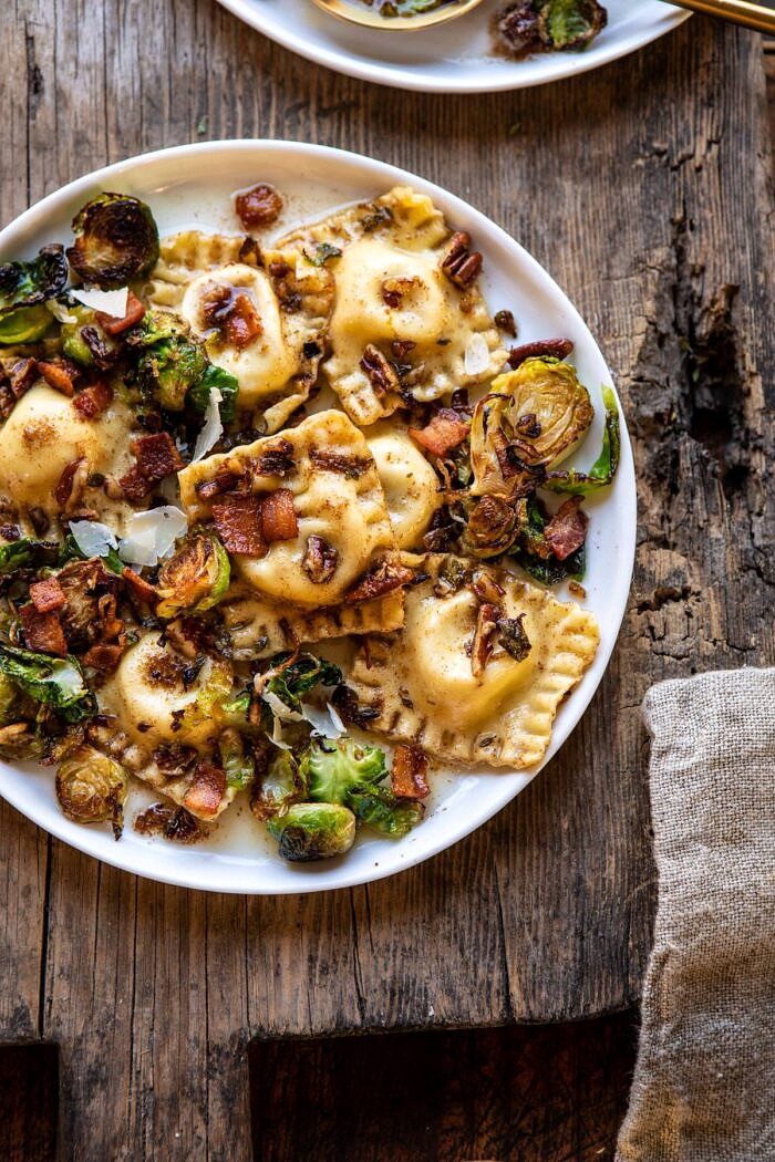 overhead close up photo of Brown Butter Brussels Sprout and Bacon Ravioli 