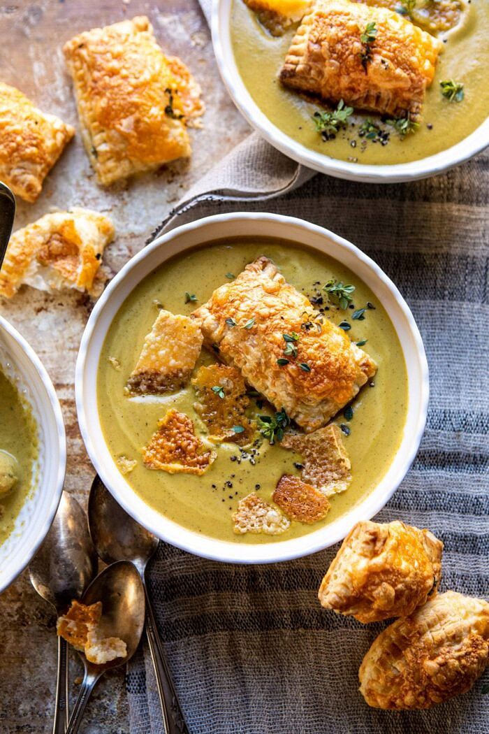 Creamy Broccoli and Butternut Squash Soup with Cheddar Brie Pastries | halfbakedharvest.com #soup #butternutsquash #cheese #fallrecipes overhead photo of Creamy Broccoli and Butternut Squash Soup with Cheddar Brie Pastries