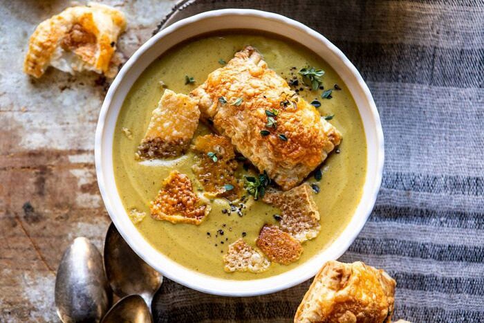 Creamy Broccoli and Butternut Squash Soup with Cheddar Brie Pastries | halfbakedharvest.com #soup #butternutsquash #cheese #fallrecipes horizontal photo of Creamy Broccoli and Butternut Squash Soup with Cheddar Brie Pastries