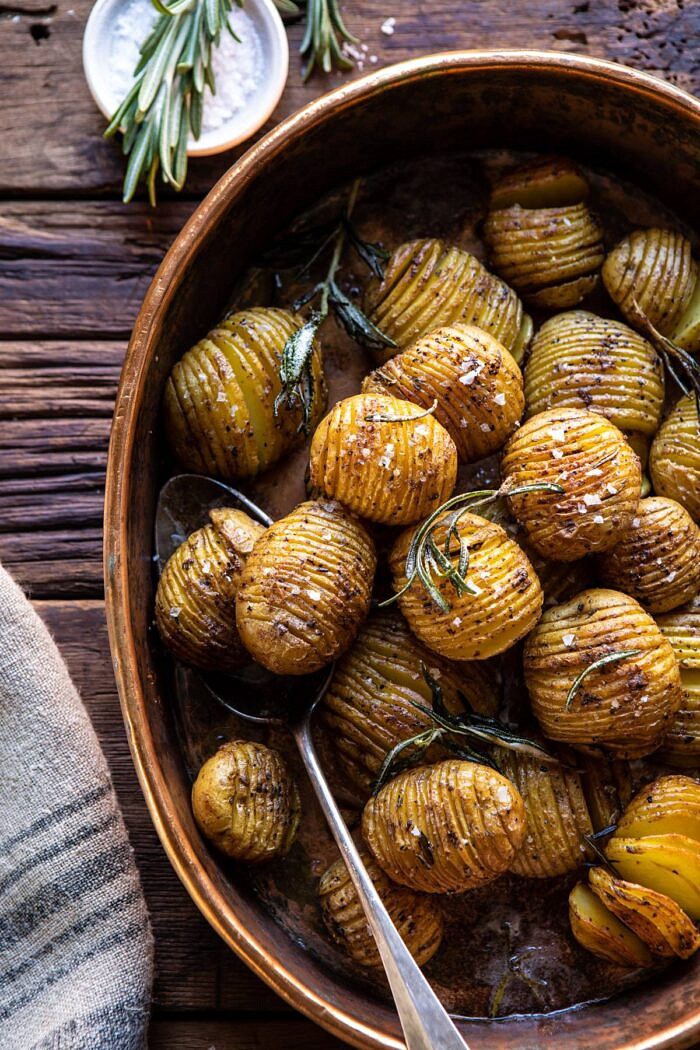 Crispy Rosemary Butter Roasted Potatoes | halfbakedharvest.com #potatoes #fall #autumn #Thanksgiving #Christmas overhead photo of Crispy Rosemary Butter Roasted Potatoes