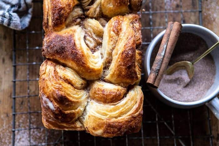 Easy Swirled Cinnamon Sugar Croissant Loaf | halfbakedharvest.com #cinnamon #fall #bread #croissants horizontal photo of Easy Swirled Cinnamon Sugar Croissant Loaf