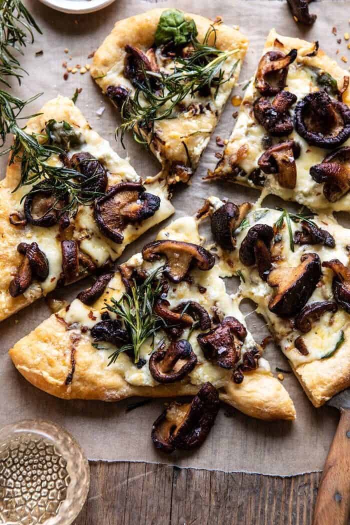 French Onion Mushroom Pizza | halfbakedharvest.com #pizza #mushrooms #easyrecipes overhead close up photo of French Onion Mushroom Pizza