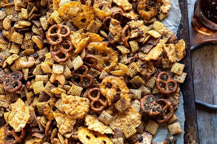 Spicy Ranch Chex Mix | halfbakedharvest.com #appetizers #snacks #easyrecipes #gameday #christmas #thanksgiving horizontal overhead photo of Spicy Ranch Chex Mix