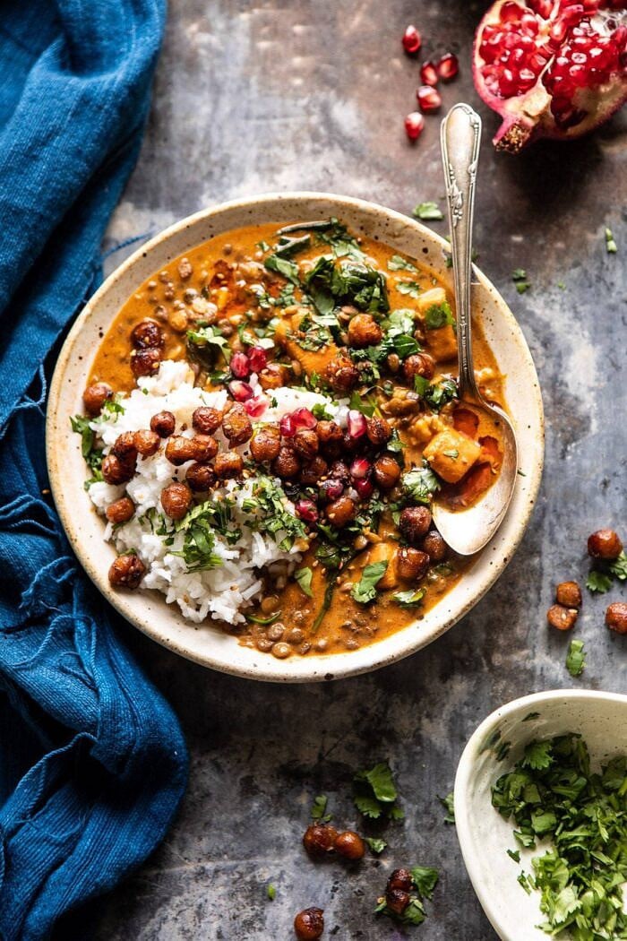 Sweet Potato Lentil Curry with Crispy Sesame Chickpeas | halfbkaedharvest.com #healthy #vegan #easyrecipes #fallrecipes overhead photo of Sweet Potato Lentil Curry with Crispy Sesame Chickpeas