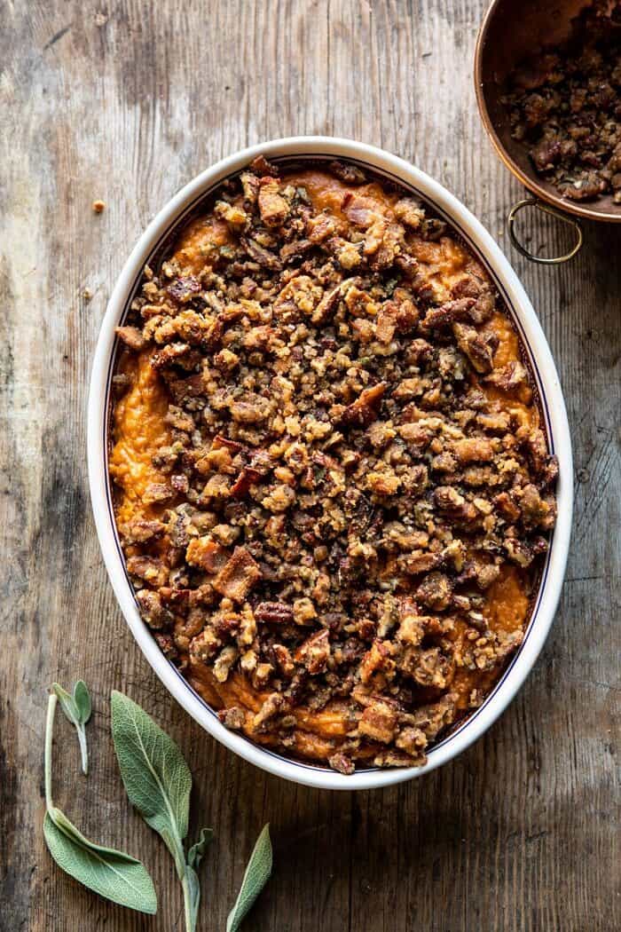 Bourbon Sweet Potato Casserole with Sweet n Savory Bacon Pecans before baking 