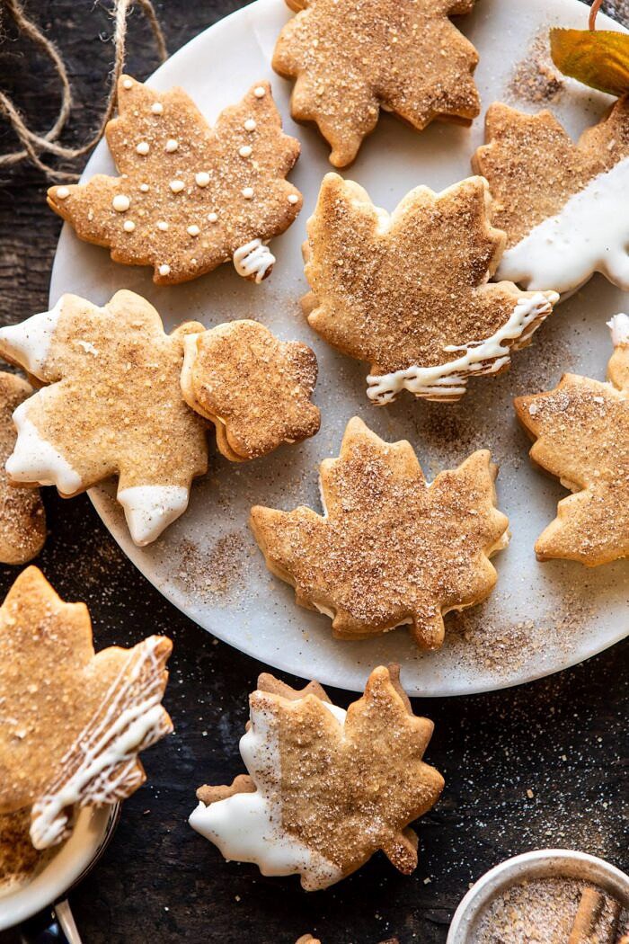 Chai Spiced Maple Sugar Cookies with Browned Butter Frosting | halfbakedharvest.com #cookies #thanksgiving #dessert #holiday #sugarcookies overhead photo of Chai Spiced Maple Sugar Cookies with Browned Butter Frosting