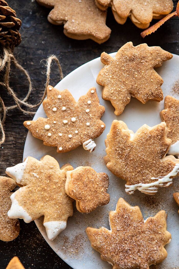 Chai Spiced Maple Sugar Cookies with Browned Butter Frosting | halfbakedharvest.com #cookies #thanksgiving #dessert #holiday #sugarcookies overhead close up photo of Chai Spiced Maple Sugar Cookies with Browned Butter Frosting