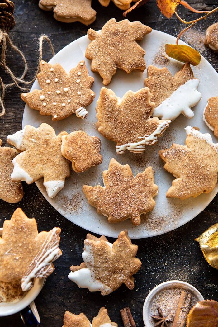 Chai Spiced Maple Sugar Cookies with Browned Butter Frosting | halfbakedharvest.com #cookies #thanksgiving #dessert #holiday #sugarcookies overhead photo of Chai Spiced Maple Sugar Cookies with Browned Butter Frosting