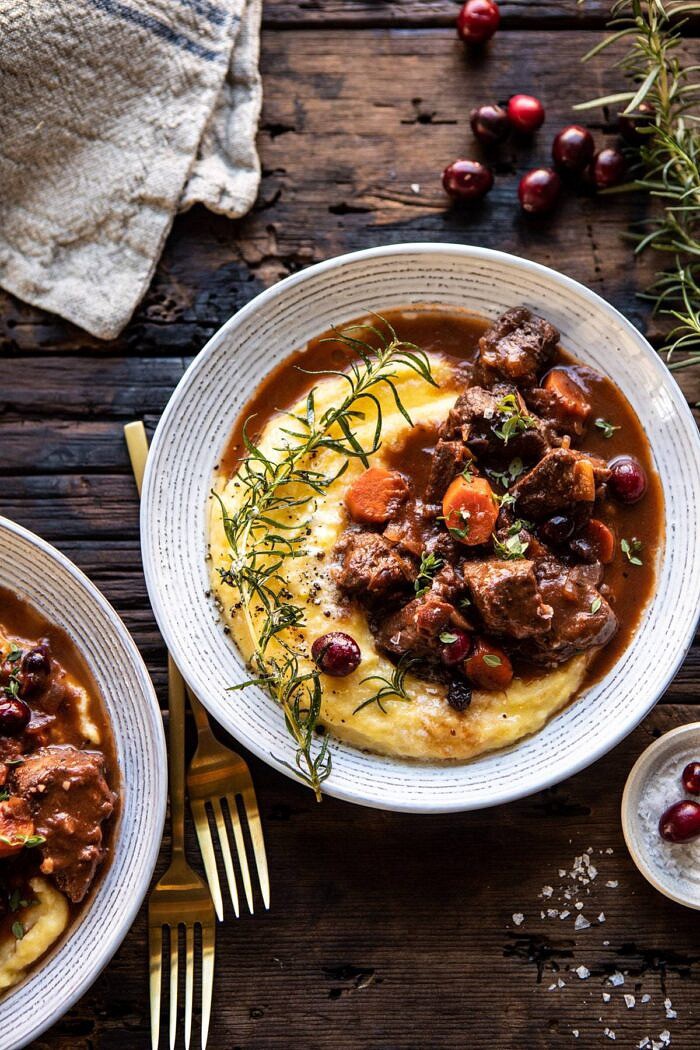 Cranberry Cider Braised Beef Stew with Rosemary Polenta | halfbakedharvest.com #slowcooker #instantpot #beef #polenta