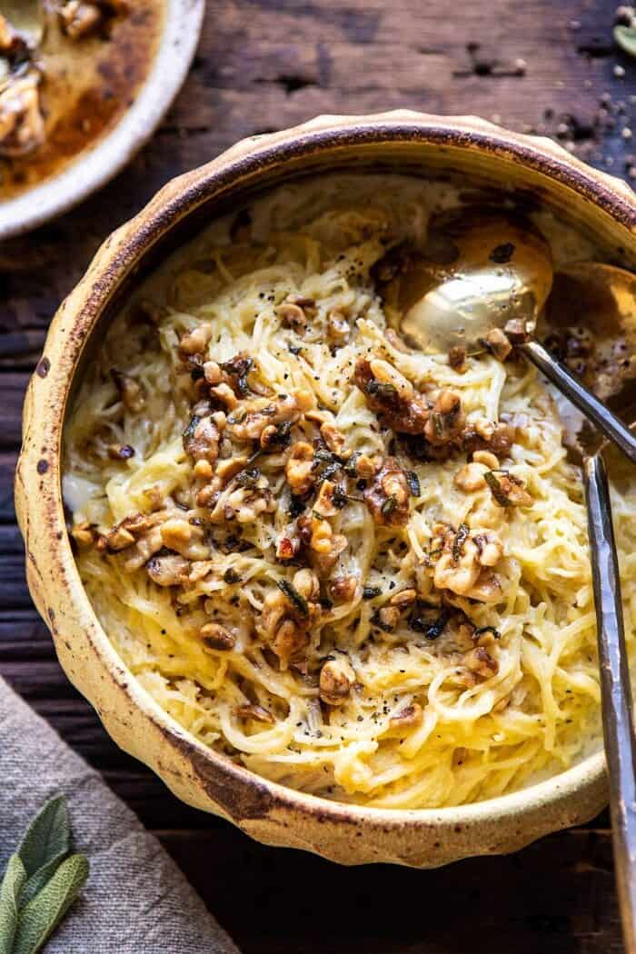 overhead photo of Creamed Spaghetti Squash with Browned Butter Walnuts 