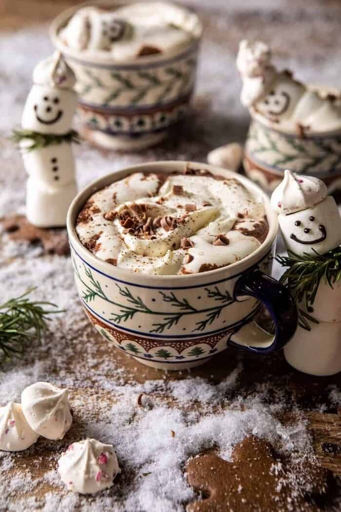 Creamy Coconut Hot Chocolate | halfbakedharvest.com #hotchocolate #easyrecipe #christmas #dessert front on photo of Creamy Coconut Hot Chocolate