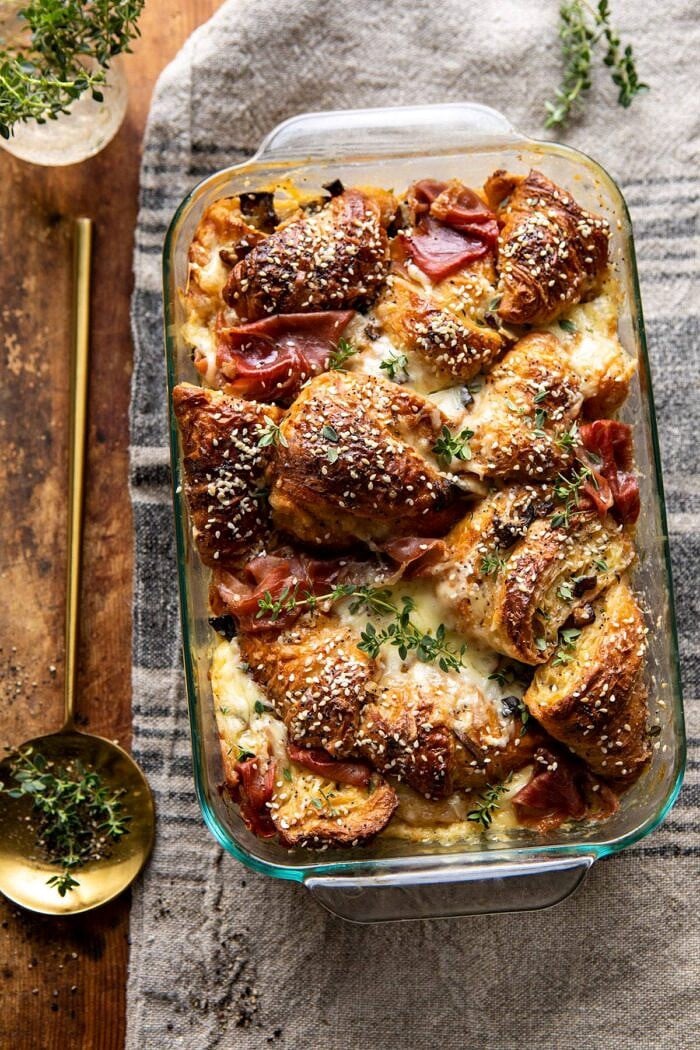 Ham and Cheese Croissant Bake | halfbakedharvest.com #brunch #breakfast #holiday #Christmas overhead photo of Ham and Cheese Croissant Bake