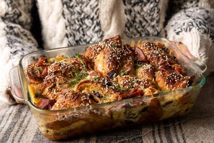 Ham and Cheese Croissant Bake | halfbakedharvest.com #brunch #breakfast #holiday #Christmas horizontal photo of Ham and Cheese Croissant Bake