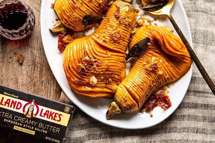 Hasselback Butternut Squash with Sage Butter and Prosciutto Breadcrumbs | halfbakedharvest.com #thanksgiving #sidedishes #butternutsquash