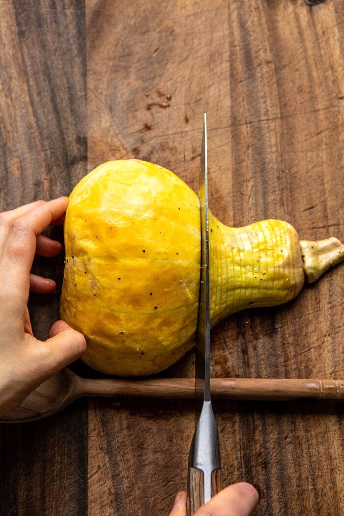 Hasselback Butternut Squash being sliced