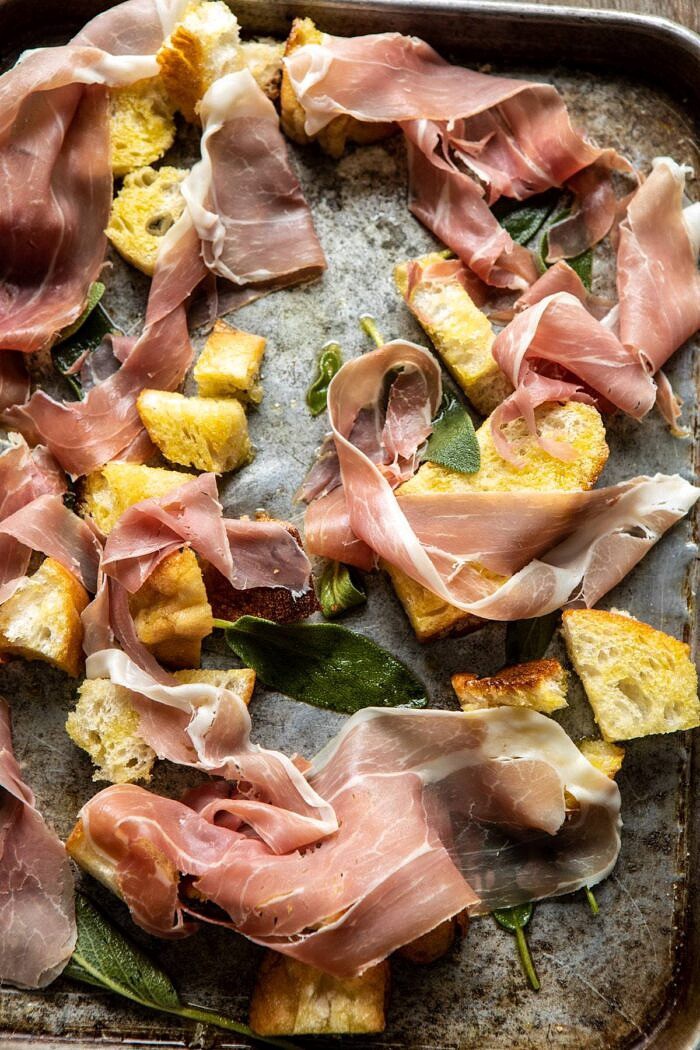 Prosciutto Breadcrumbs on baking sheet