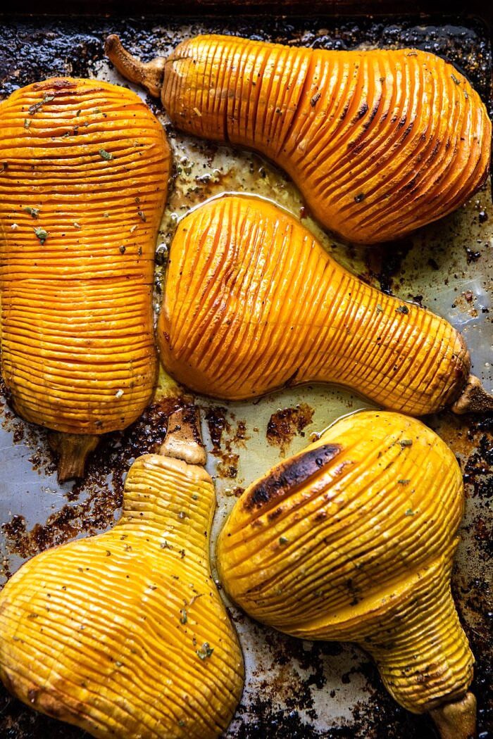 Hasselback Butternut Squash on baking sheet