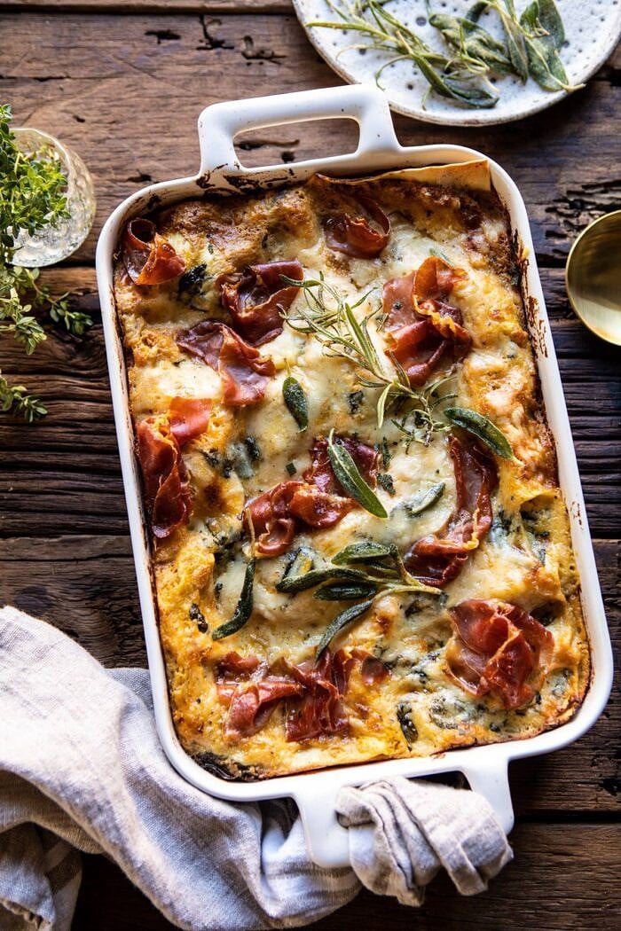 Roasted Butternut Squash and Spinach Lasagna | halfbakedharvest.com #lasagna #holiday #thanksgiving overhead photo of Roasted Butternut Squash and Spinach Lasagna