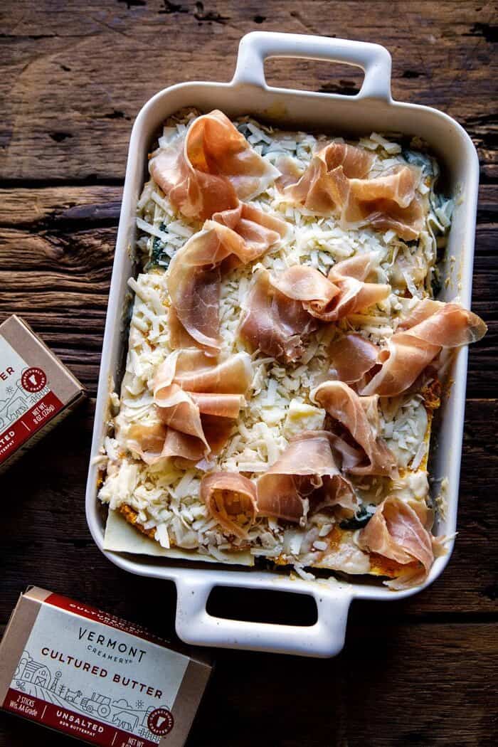 Roasted Butternut Squash and Spinach Lasagna | halfbakedharvest.com #lasagna #holiday #thanksgiving overhead photo of Roasted Butternut Squash and Spinach Lasagna before baking