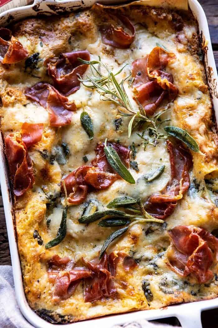 Roasted Butternut Squash and Spinach Lasagna | halfbakedharvest.com #lasagna #holiday #thanksgiving overhead close up photo of Roasted Butternut Squash and Spinach Lasagna
