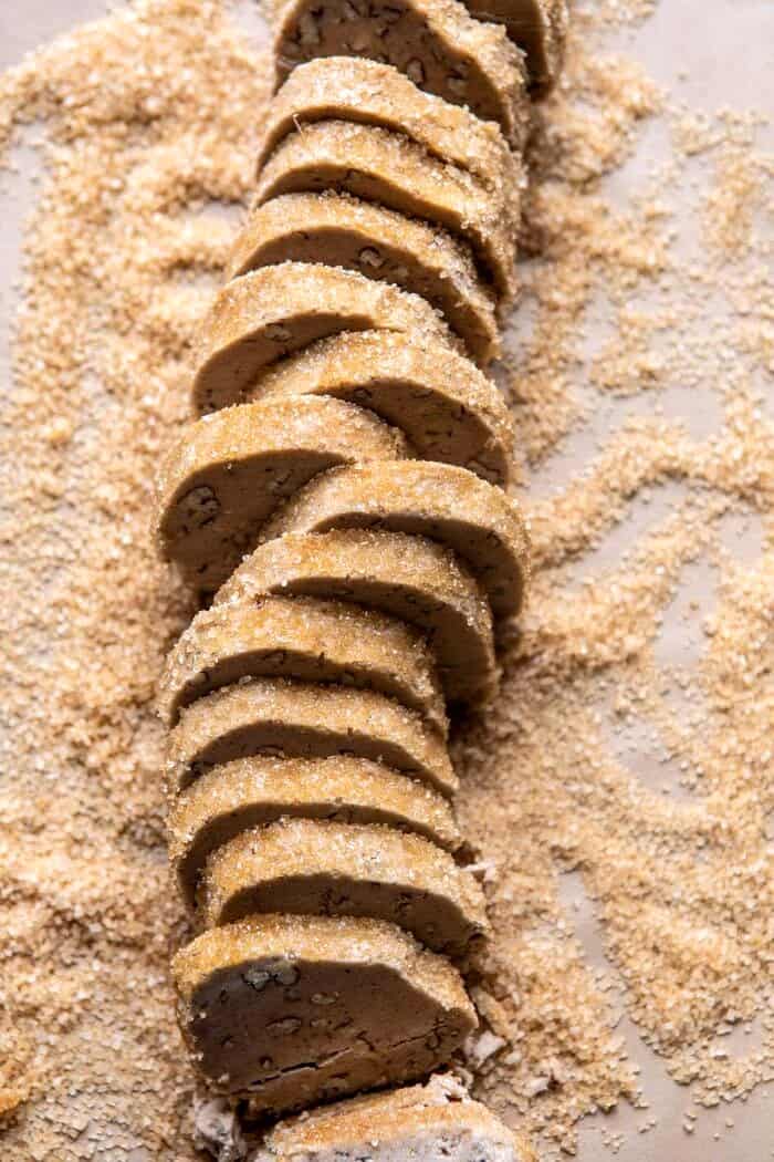 Slice n Bake Salted Chocolate Butter Pecan Cookies | halfbakedharvest.com #cookies #christmas #thanksgiving #chocolate overhead photo of Slice n Bake Salted Chocolate Butter Pecan Cookies before baking