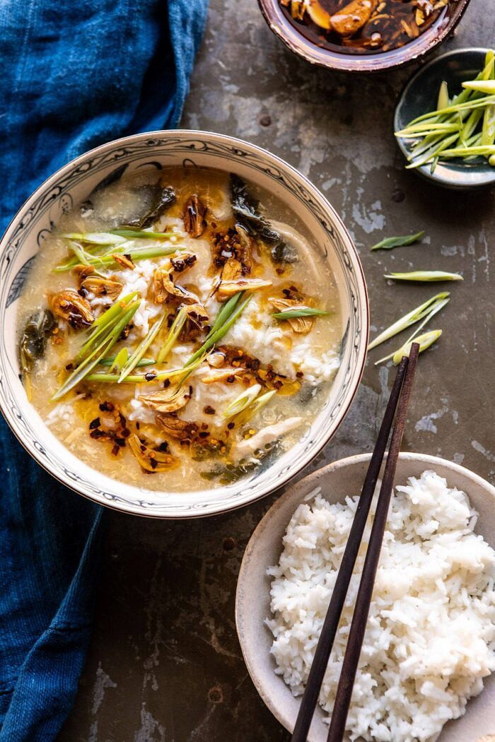 30 Minute Chinese Egg Drop Chicken Rice Soup with Garlicky Chile Oil | halfbakedharvest.com #chinese #easyrecipes #30minutedinner #soup overhead photo of 30 Minute Chinese Egg Drop Chicken Rice Soup with Garlicky Chile Oil