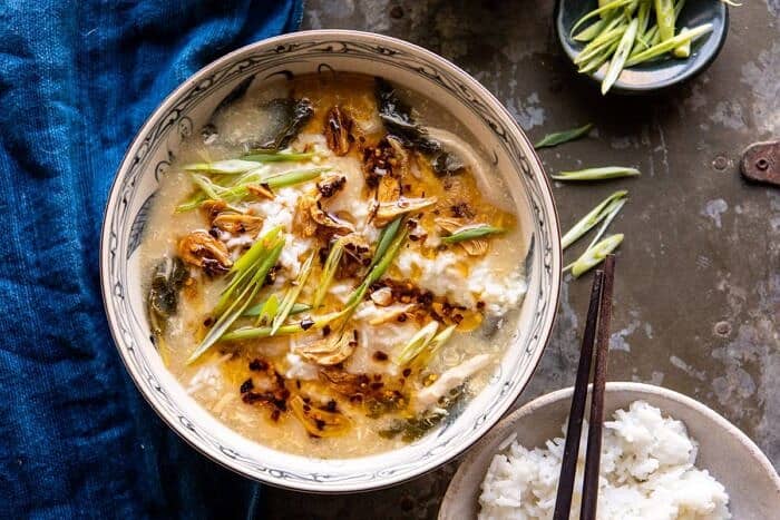 30 Minute Chinese Egg Drop Chicken Rice Soup with Garlicky Chile Oil | halfbakedharvest.com #chinese #easyrecipes #30minutedinner #soup horizontal photo of 30 Minute Chinese Egg Drop Chicken Rice Soup with Garlicky Chile Oil