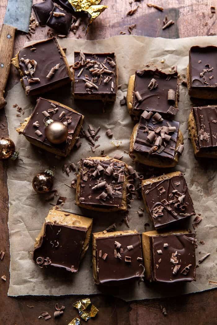 5 Ingredient Triple Decker Chocolate Peanut Butter Bars | halfbakedharvest.com #peanutbutter #chocolate overhead photo of 5 Ingredient Triple Decker Chocolate Peanut Butter Bars