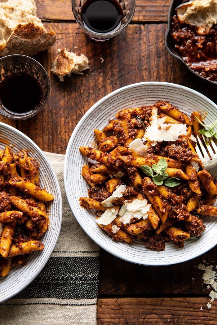 Best Super Easy Penne…with a lot of garlic | halfbakedharvest.com #penne #pasta #easyrecipes overhead close up photo of Best Super Easy Penne…with a lot of garlic