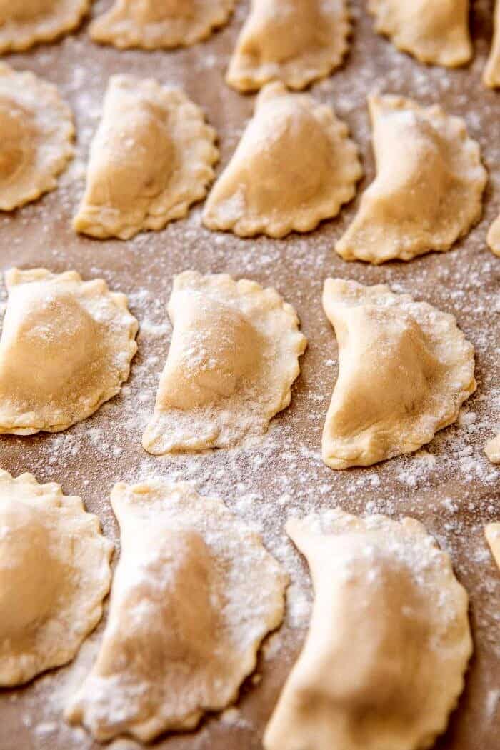 Cheddar Pierogies with Caramelized Onions and Bacon | halfbakedharvest.com #pierogi #homemade #Christmas Cheddar Pierogies before cooking