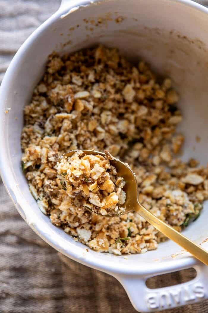 Cheesy Potato Casserole with Buttery Ritz Crackers | halfbakedharvest.com #cheesypotatoes #Christmasrecipes #potatocasserole Buttery Ritz Crackers before baking