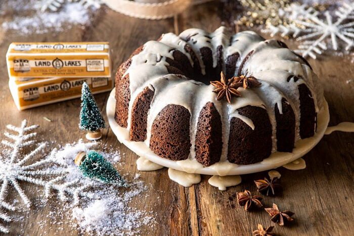 Cream Cheese Swirled Chai Gingerbread Cake | halfbakedharvest.com #gingerbread #cake #Christmas #dessert horizontal photo of Cream Cheese Swirled Chai Gingerbread Cake