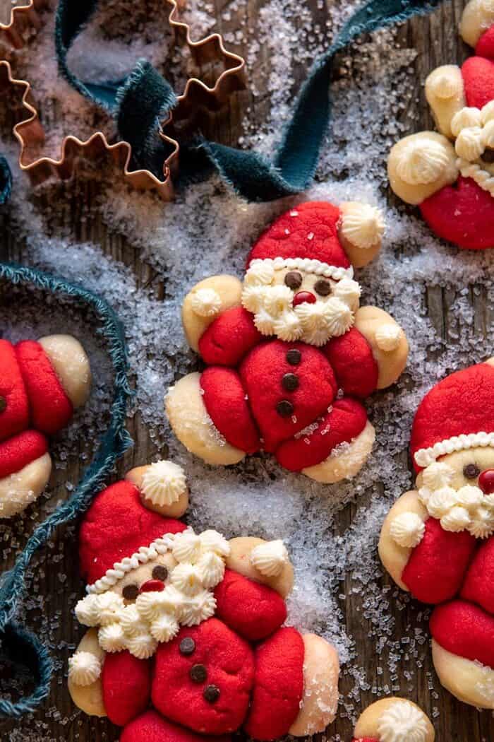 Holly Jolly Santa Cookies | halfbakedharvest.com #santacookies #sugarcookies overhead photo of Holly Jolly Santa Cookies