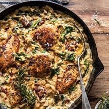 One Skillet Creamy Sun-Dried Tomato Chicken and Orzo | halfbakedharvest.com #skilletdinner #chicken #orzo