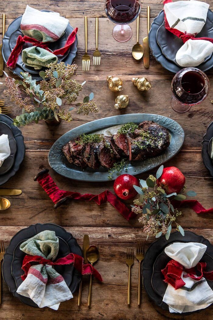 Our 2019 Christmas Eve and Christmas Dinner Menu | halfbakedharvest.com #christmasmenu overhead photo of Christmas table