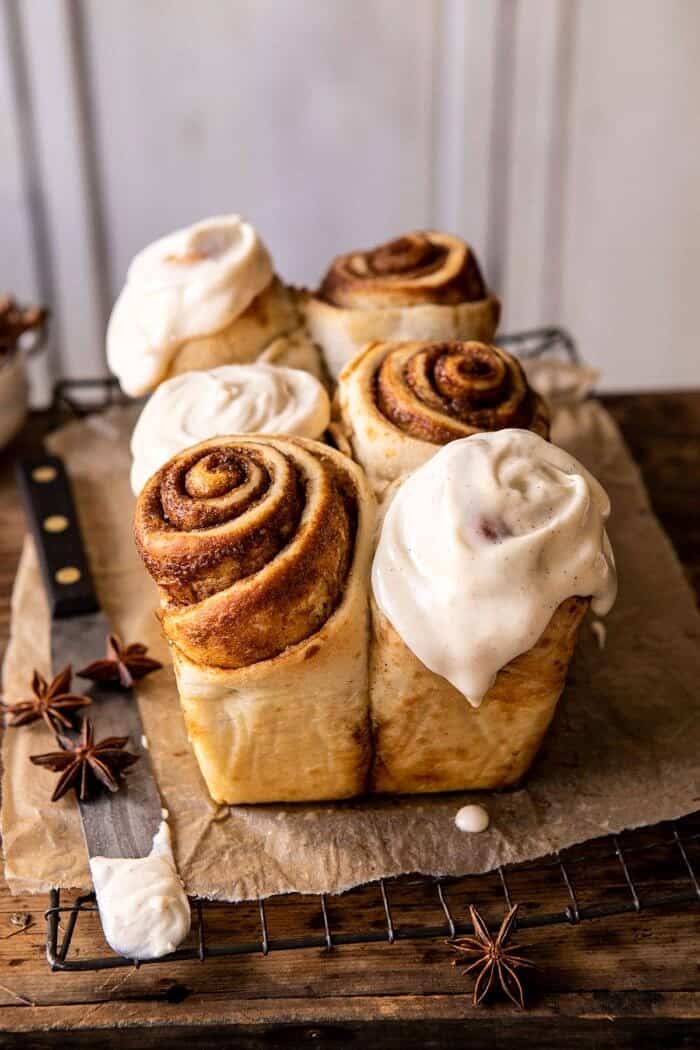 Overnight Cinnamon Roll Bread with Chai Frosting | halfbakedharvest.com #cinnamonrolls #christmas #breakfast