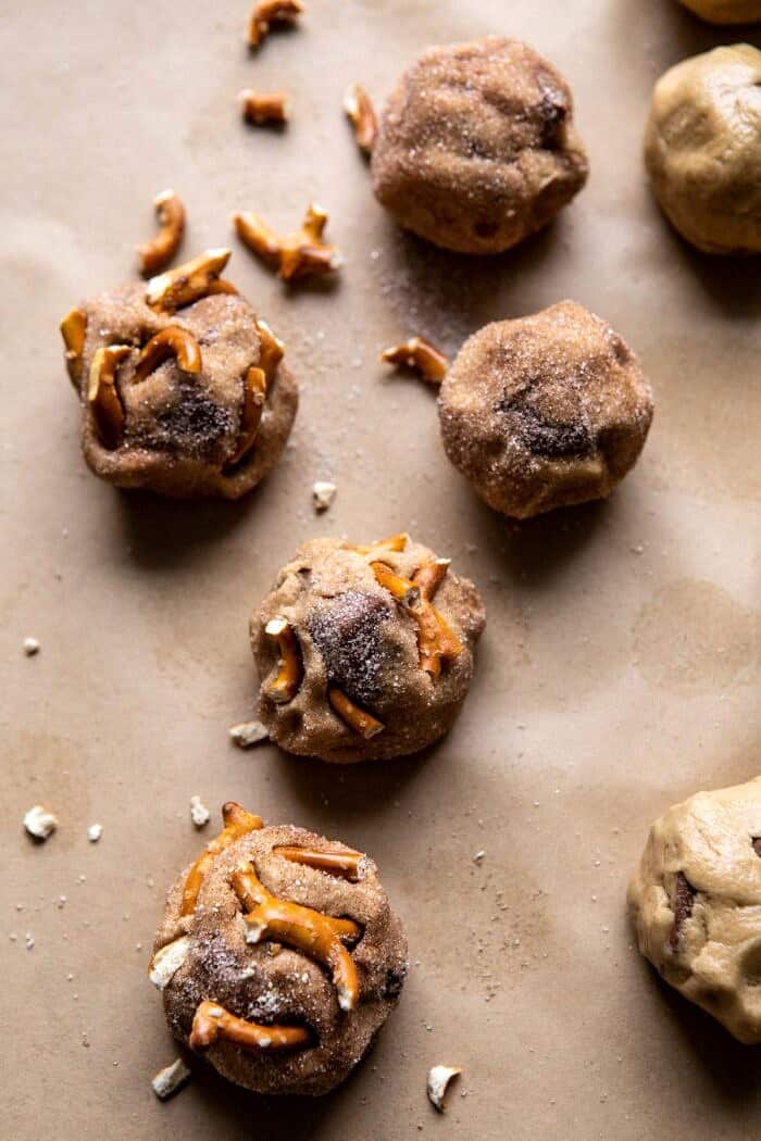 Salted Caramel Pretzel Snickerdoodles | halfbakedharvest.com #cookies #snickerdoodles #christmas Salted Caramel Pretzel Snickerdoodles before baking on cookie sheet