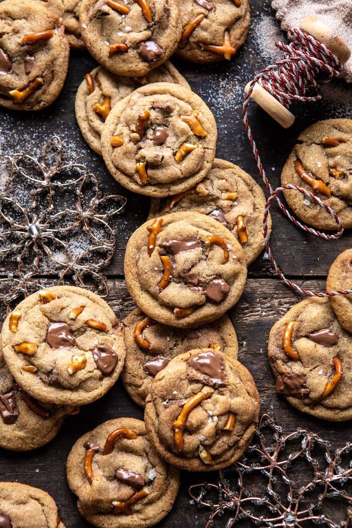 Salted Caramel Pretzel Snickerdoodles | halfbakedharvest.com #cookies #snickerdoodles #christmas overhead photo of Salted Caramel Pretzel Snickerdoodles