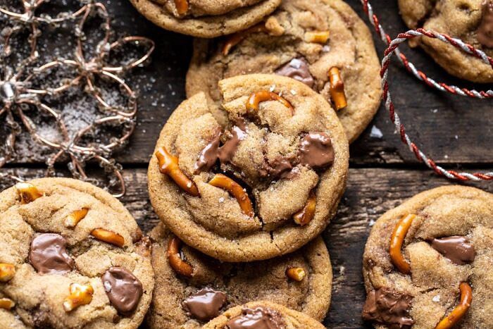 Salted Caramel Pretzel Snickerdoodles | halfbakedharvest.com #cookies #snickerdoodles #christmas horizontal photo of Salted Caramel Pretzel Snickerdoodles
