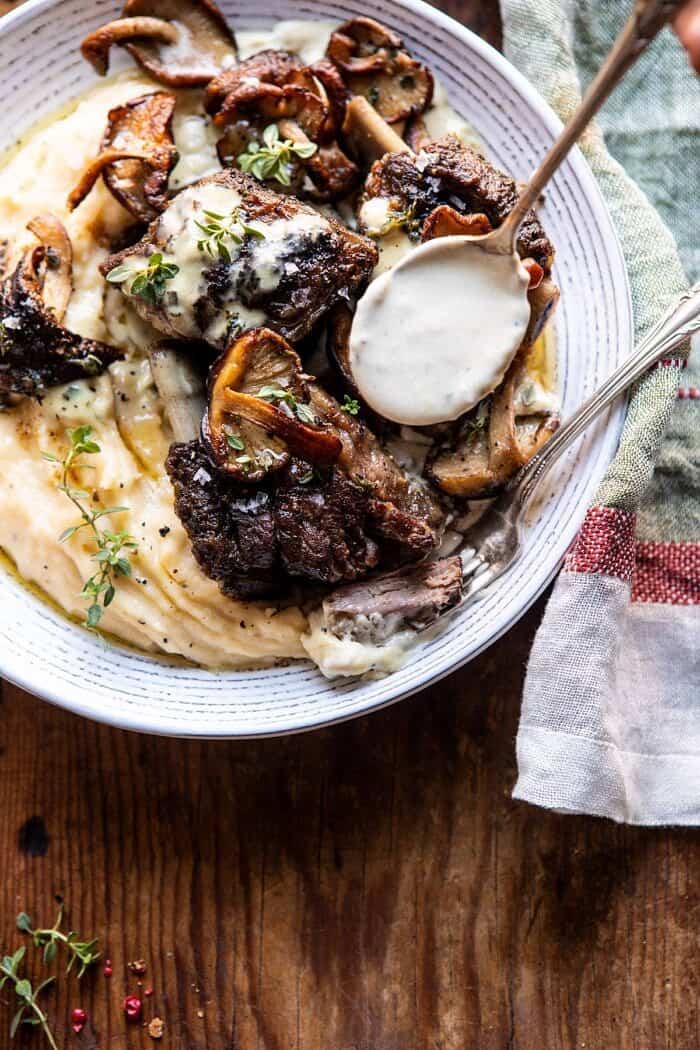 White Wine Braised Short Ribs with Buttered Mushroom Cream Sauce | halfbakedharvest.com #slowcooker #crockpot #shortribs #holiday #christmas