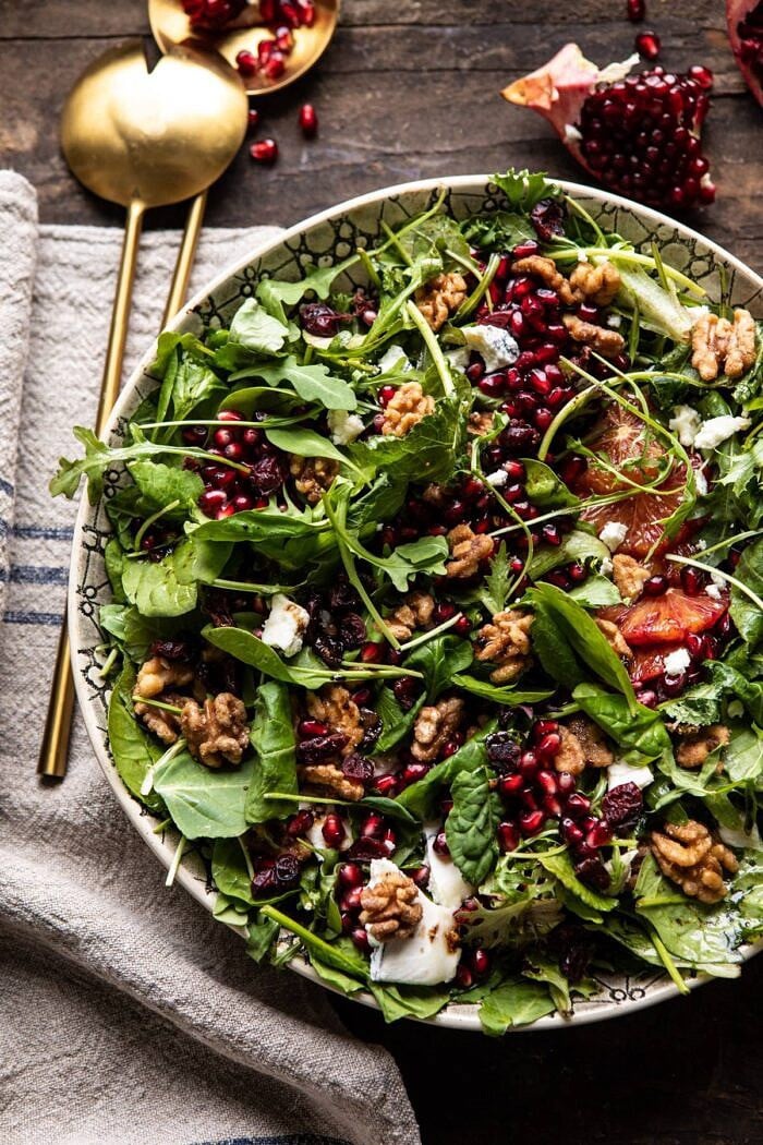 Winter Pomegranate Salad with Maple Candied Walnuts | halfbakedharvest.com #wontersalad #healthy overhead close up photo of Winter Pomegranate Salad with Maple Candied Walnuts