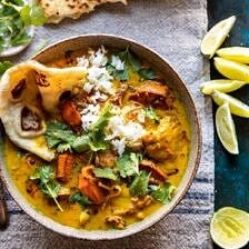 30 Minute Coconut Milk Braised Chicken with Sweet Potatoes and Rice | halfbakedharvest.com #instantpot #easyrecipes #healthy