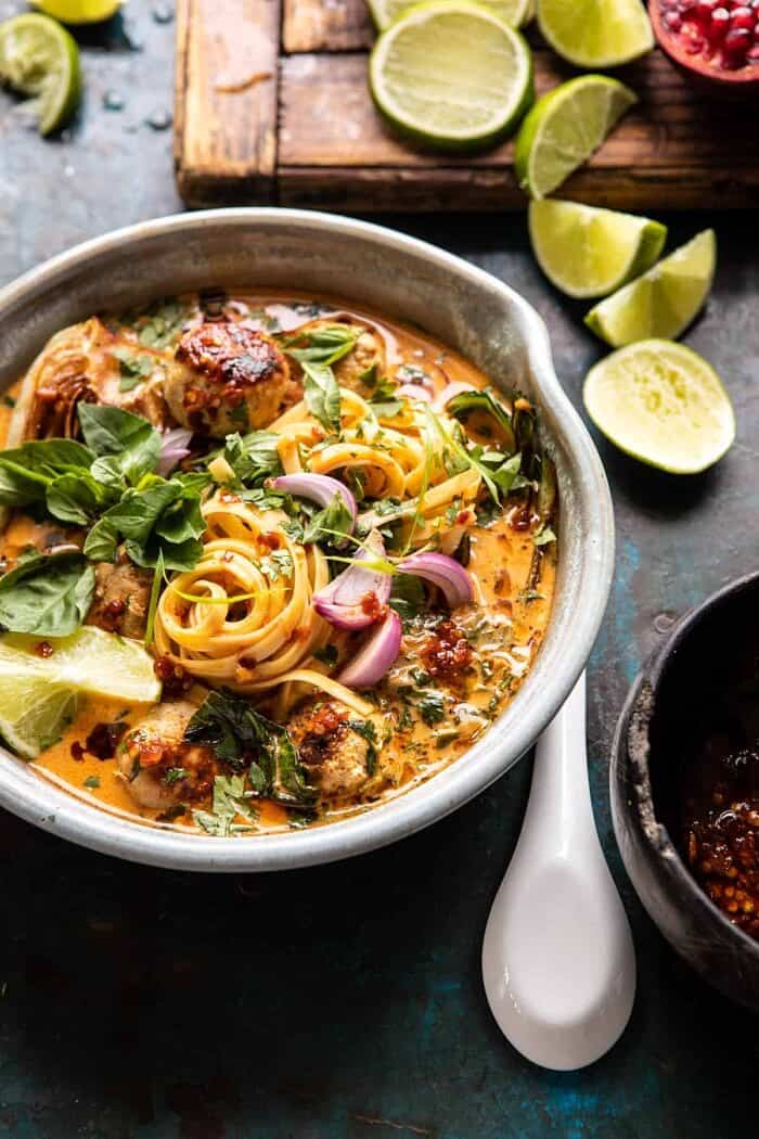 side angled photo of 30 Minute Thai Chicken Meatball Khao Soi 