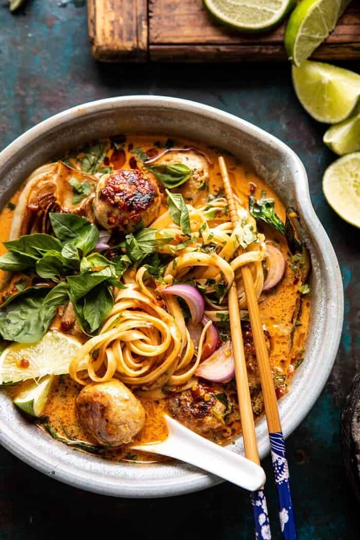 overhead close up photo of 30 Minute Thai Chicken Meatball Khao Soi 