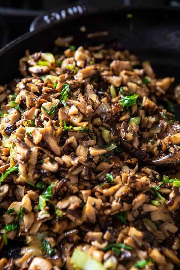 Chinese Mushroom Dumpling filling in skillet
