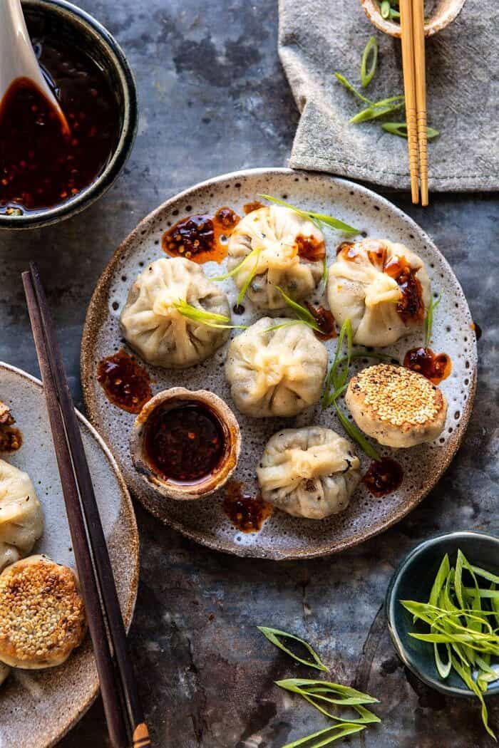 overhead photo of Chinese Mushroom Dumplings with Sweet Chili Ginger Sesame Sauce 