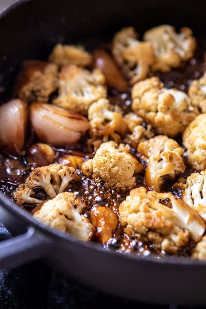 Easiest Coconut Cauliflower Adobo cooking in skillet